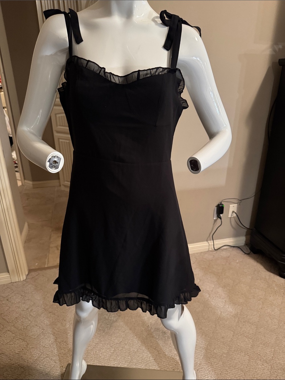 Fashion Sexy Lounge Ruffle Black Trim Tie Strap Mini Dress